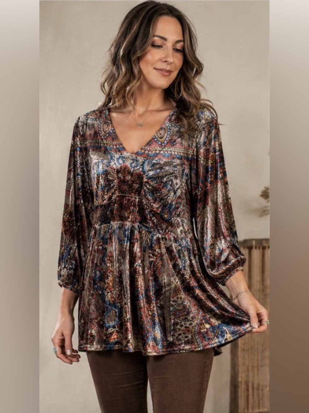 Y2K Brown Velvet Babydoll Top Baroque Boho Paisley Print Fairy Grunge Medium